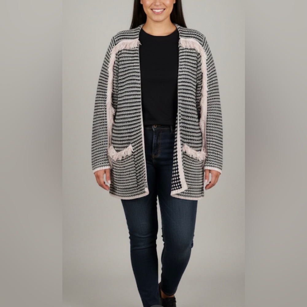 Knox Rose Cardigan Sweater Long Sleeve Black And White Fringe Boho M Western